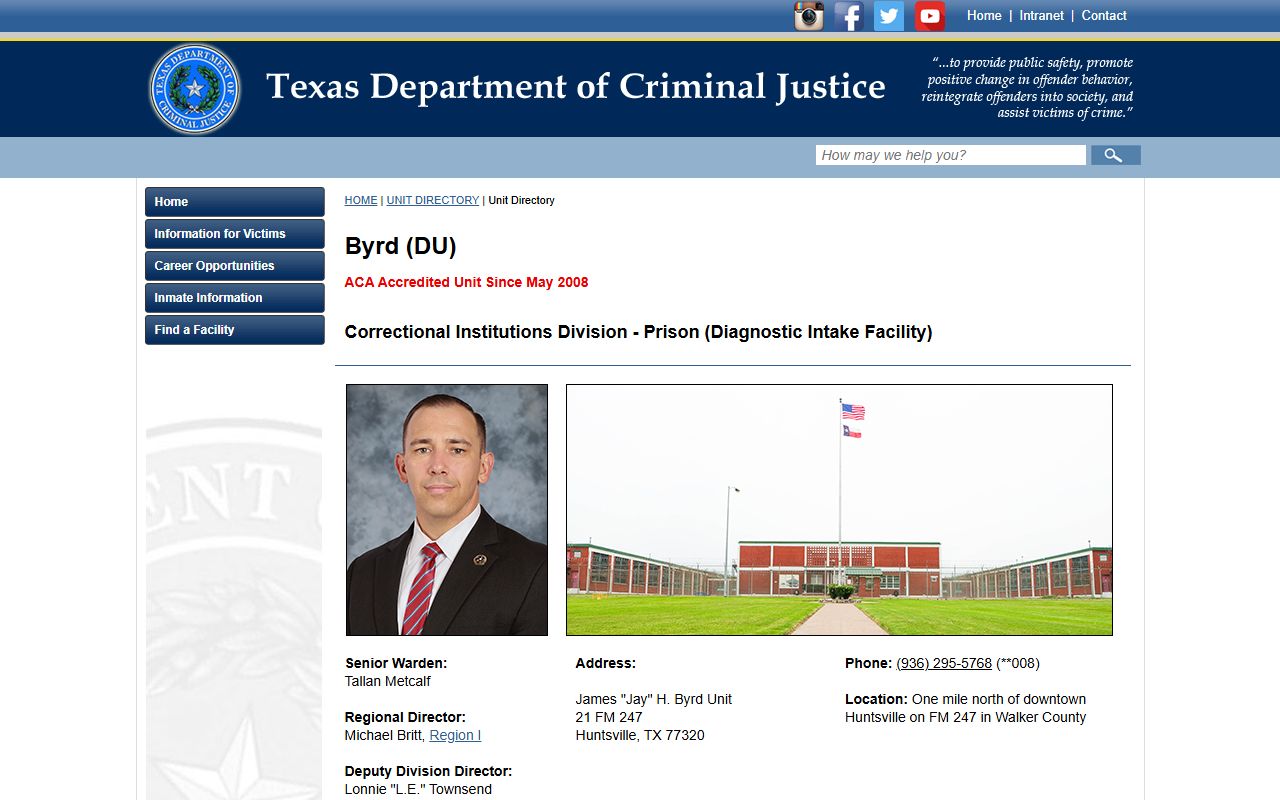 James Jay H. Byrd Unit inmate records and TDCJ unit information in Walker County Texas