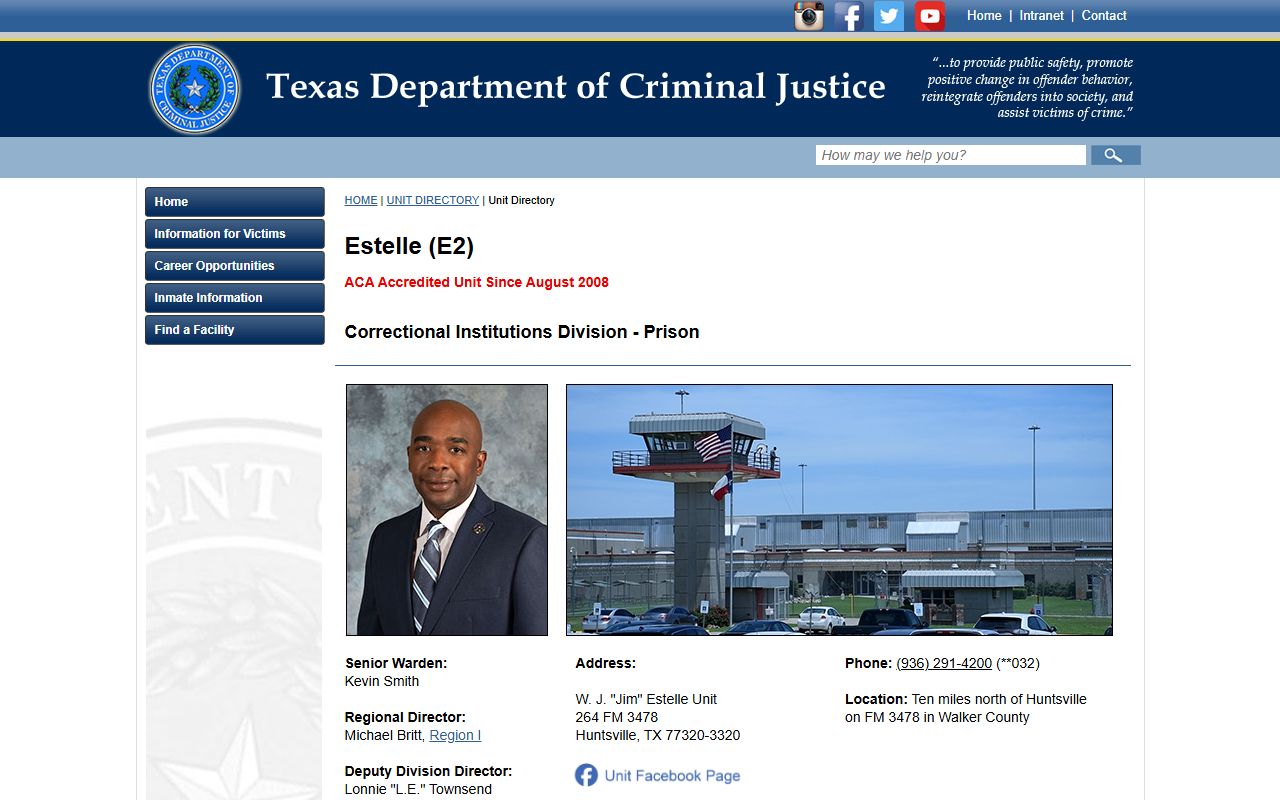 W J Jim Estelle Unit inmate records and TDCJ medical unit information in Walker County Texas