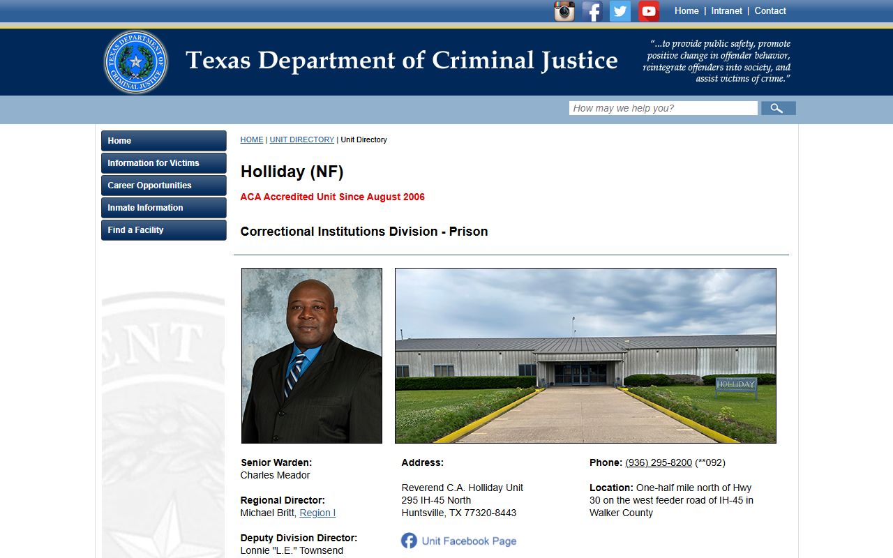 Reverend C.A. Holliday Unit TDCJ inmate lookup page